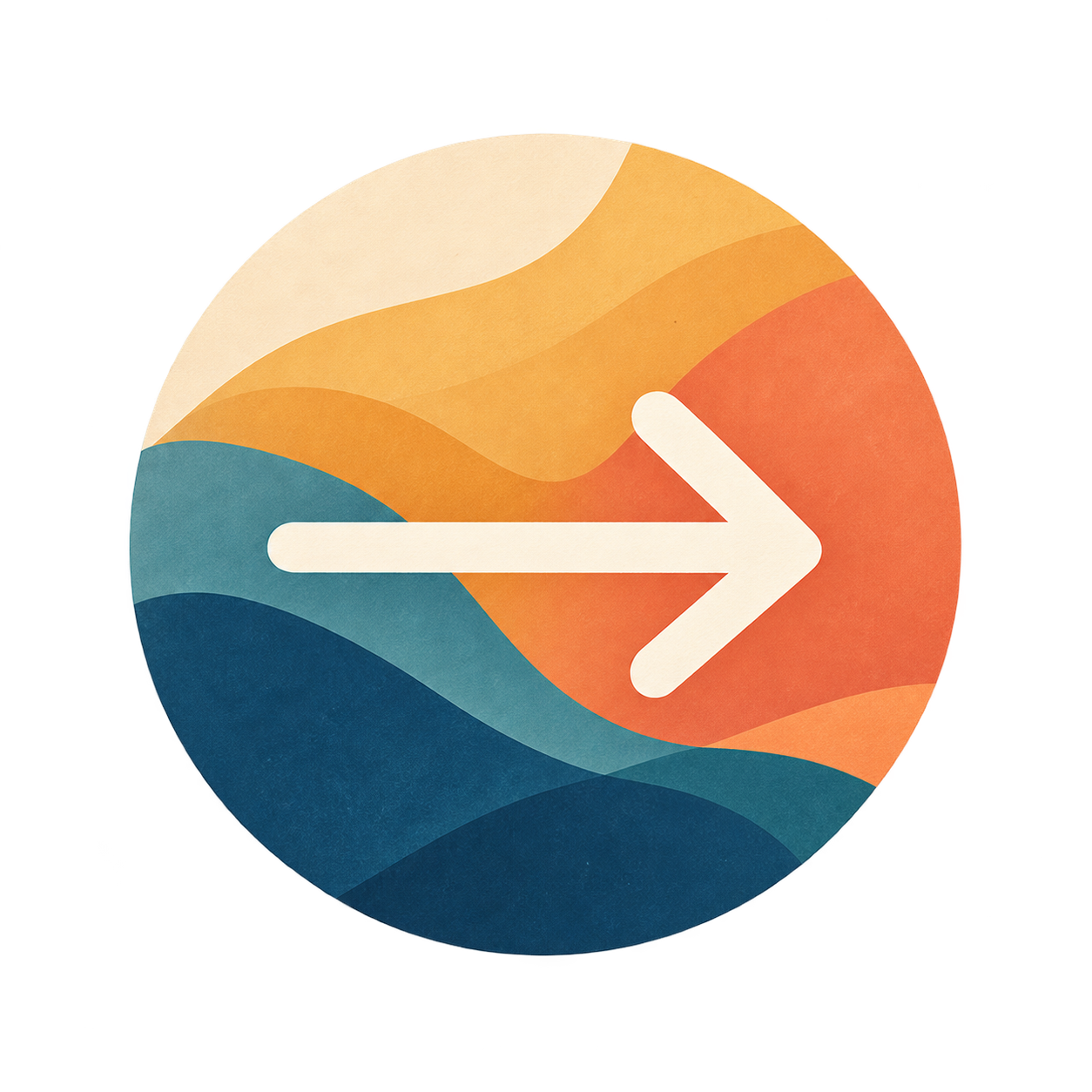 A right-facing arrow across warm orange and teal layers