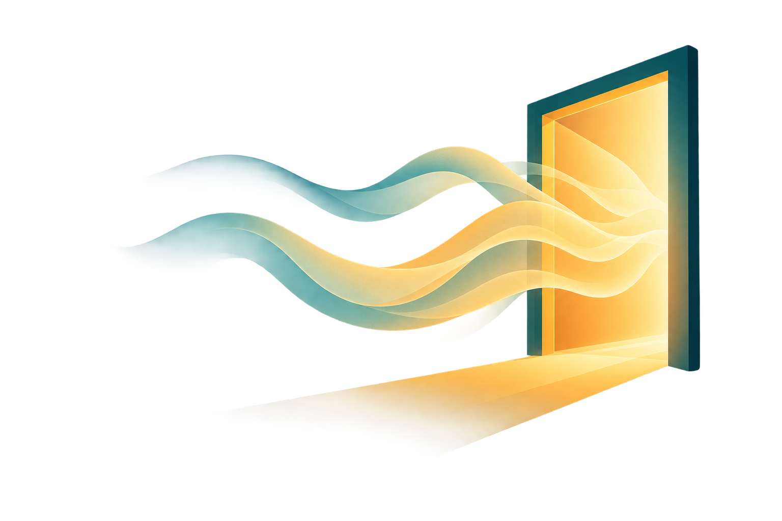 Teal and gold currents flowing through a glowing open door