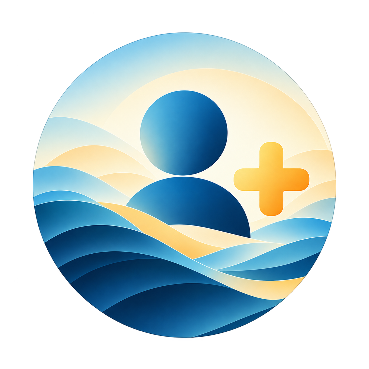 A person symbol with a warm plus sign among layered waves
